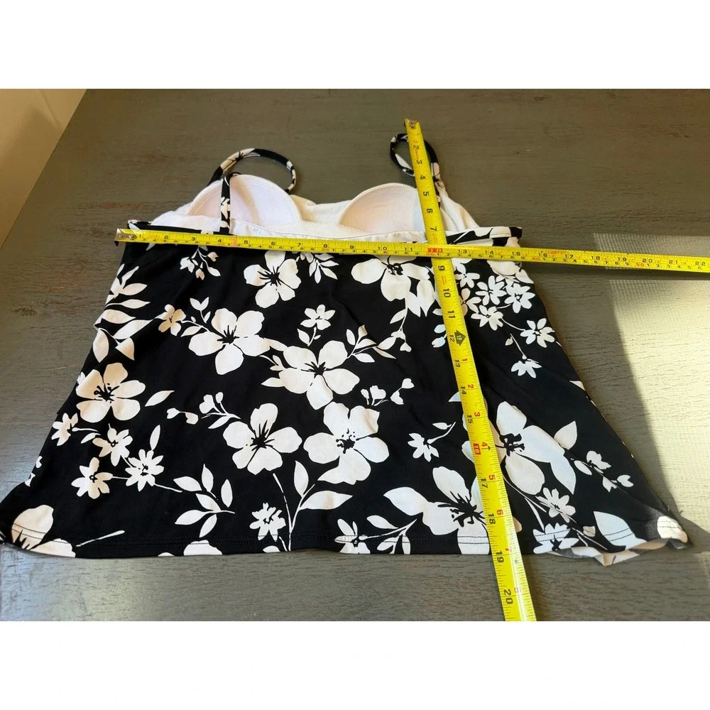 Jamaica Bay Floral Tankini Swim Top Black White Ruffle Tiered Padded Size 12
